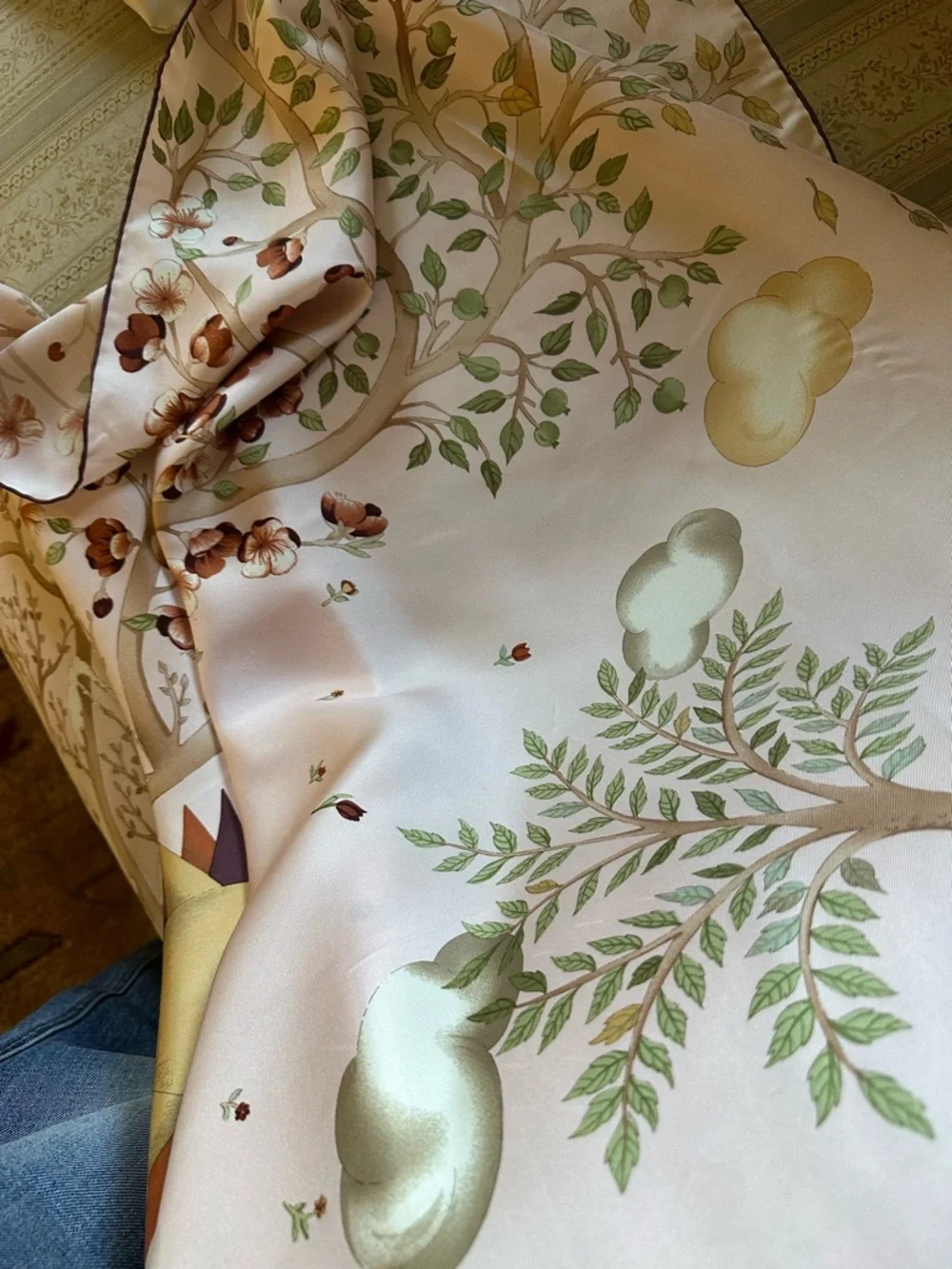 Longchamp Silk Scarf with Sunburst and Floral Motif in Cream, Gold, Brown, Green - Picture 2 of 3